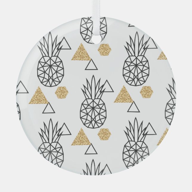 Geometric Pineapple Gold Dots Pattern. Glass Ornament (Front)