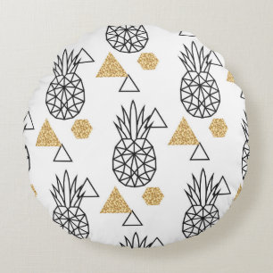 Geometric Pineapple Gold Dots Pattern. Round Pillow