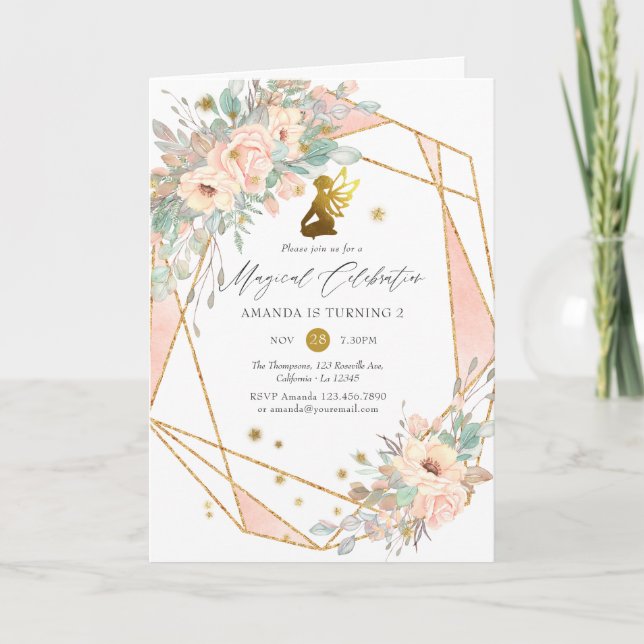 Geometric Pink and Gold Fairy 2nd Birthday Party Invitation (Front)