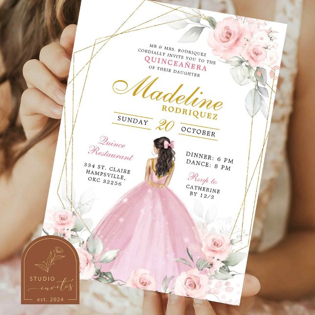 Geometric Pink and Gold Royal Crown Quincanera Invitation (Creator Uploaded)