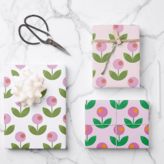 Geometric Pink and Green Flowers Wrapping Paper Sheet