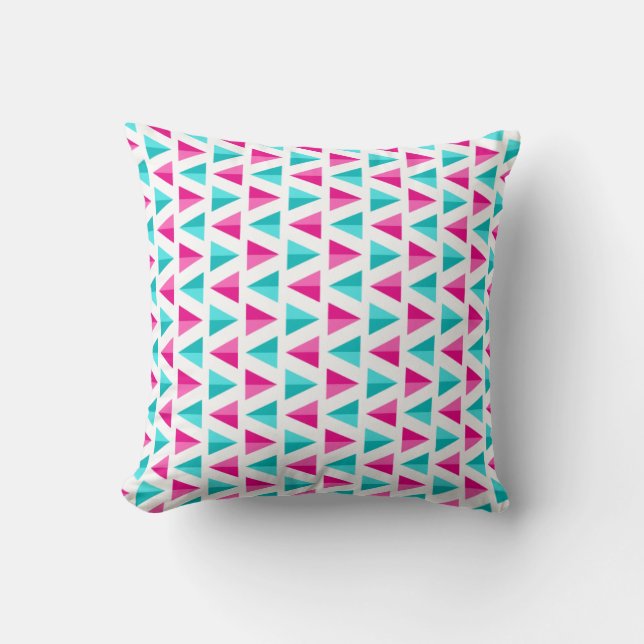 Geometric Pink & Aqua Blue Triangles Pattern Throw Pillow (Front)