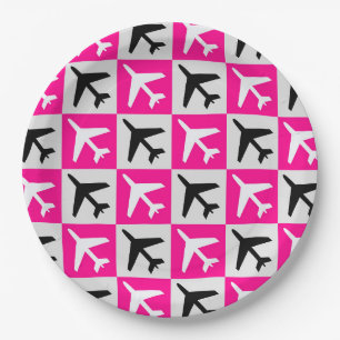 Geometric Pink Aviation Jets Airplane Paper Plate