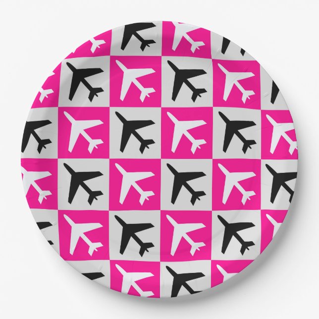 Geometric Pink Aviation Jets Airplane Paper Plate (Front)