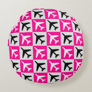 Geometric Pink Aviation Jets Airplane Round Pillow