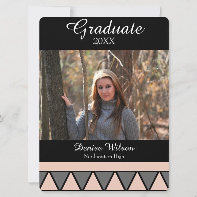 Geometric Pink, Black, and Grey Graduation Photo Invitation (Front)