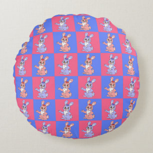 Geometric Pink Blue Bunny Rabbit Pattern Round Pillow
