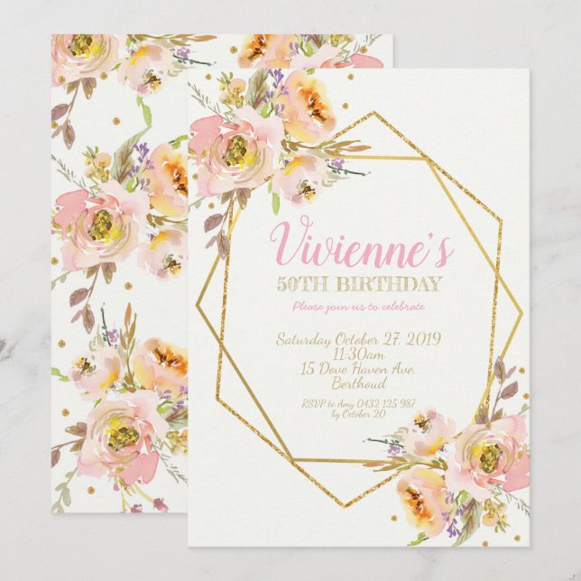 Geometric Pink Blush Floral Birthday Party 50th Invitation (Front/Back)