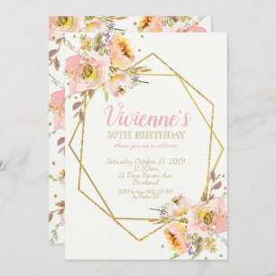 Geometric Pink Blush Floral Birthday Party 50th Invitation