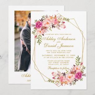 Geometric Pink Blush Floral Gold Photo Wedding Invitation