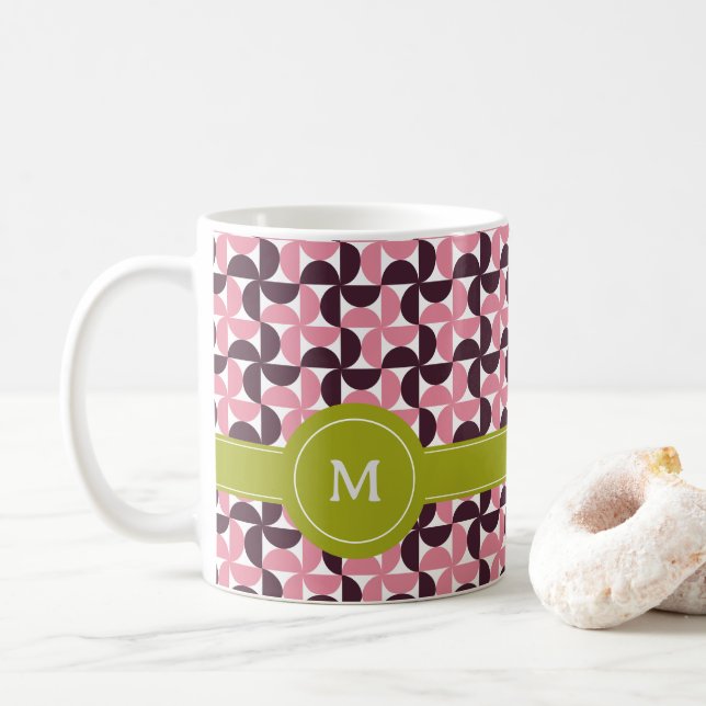 Geometric Pink Burgundy Floral Green Lime Monogram Coffee Mug (With Donut)