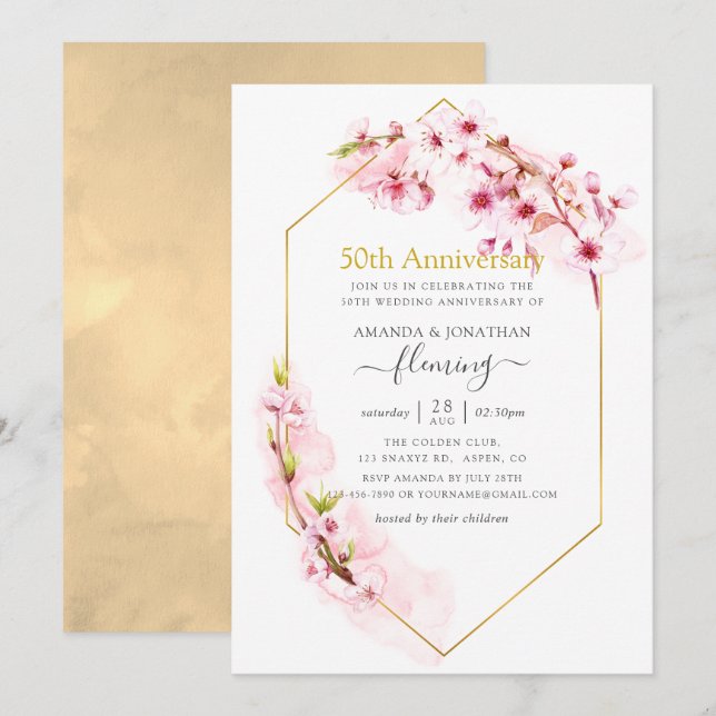 Geometric Pink Cherry Blossom 50th Anniversary Invitation (Front/Back)