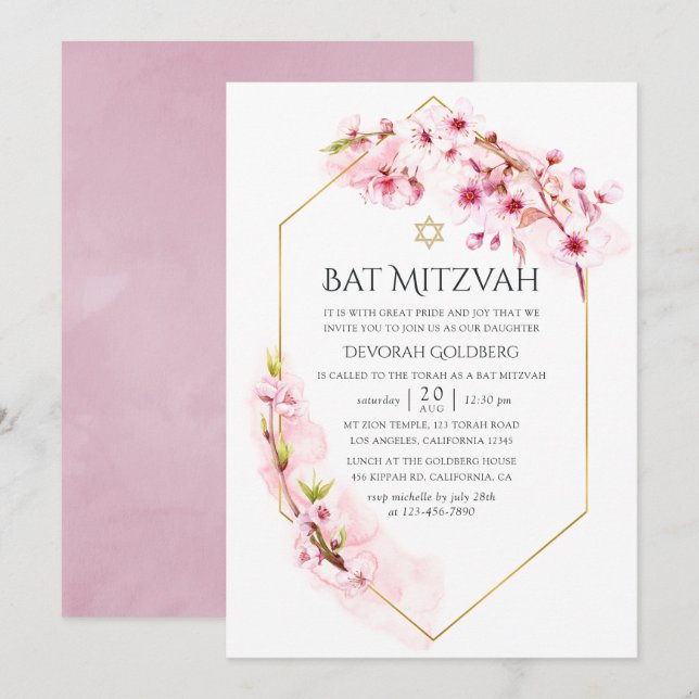 Geometric Pink Cherry Blossom Bat Mitzvah Invitation (Front/Back)