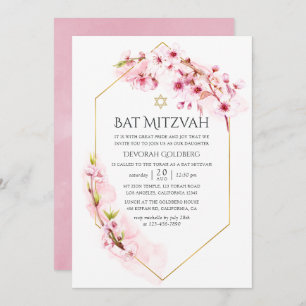 Geometric Pink Cherry Blossom Bat Mitzvah Invitation