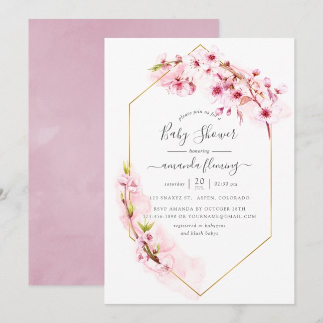 Geometric Pink Cherry Blossom Spring Baby Shower Invitation (Front/Back)