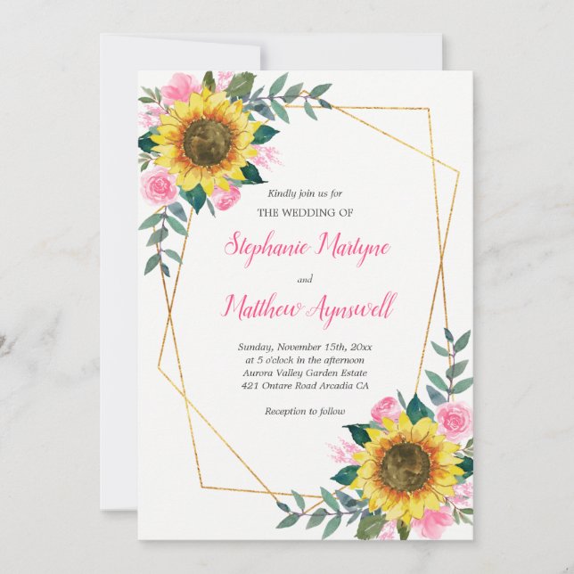 Geometric Pink Floral Sunflower Wedding Invitation (Front)