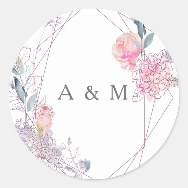 Geometric Pink Floral Wreath Elegant Wedding Favou Classic Round Sticker (Front)