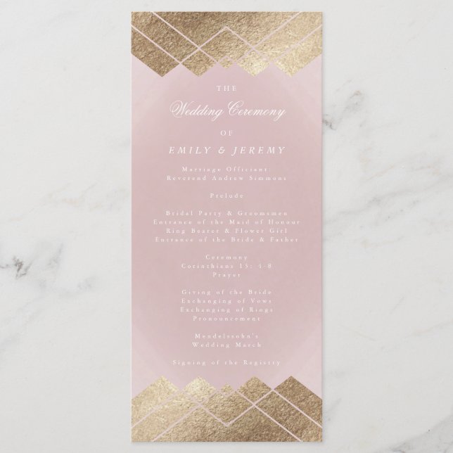 Geometric Pink Gold Gatsby Wedding Program (Front)