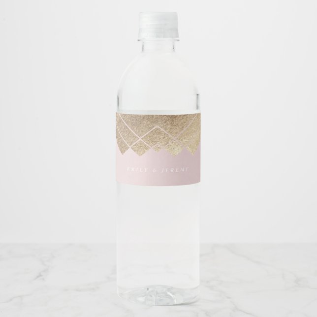 Geometric Pink Gold Gatsby Wedding Water Bottle Label (Front)