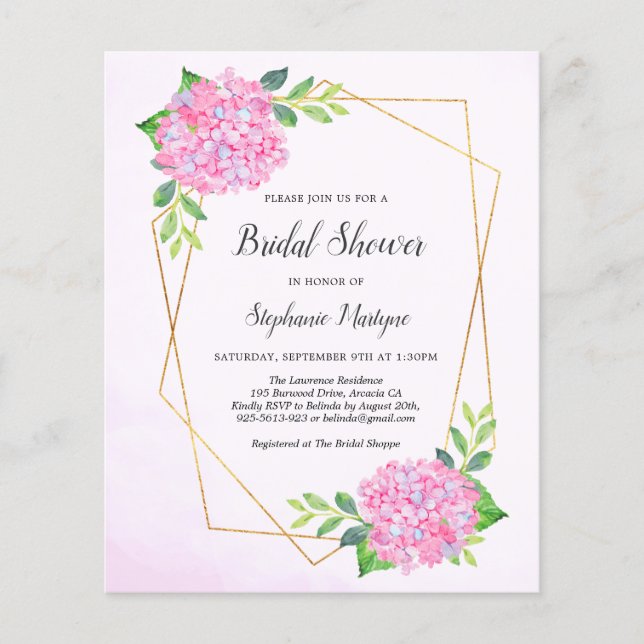 Geometric Pink Hydrangea Bridal Shower Budget (Front)