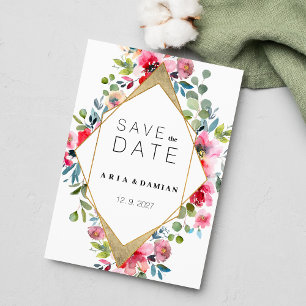 Geometric pink mint red gold floral Save the Date Invitation