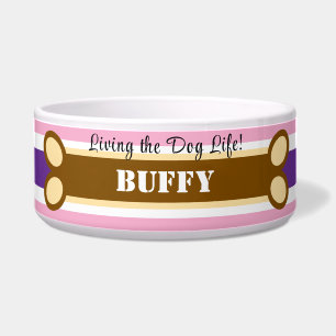 Geometric Pink Purple White Stripes Dog Bone Name