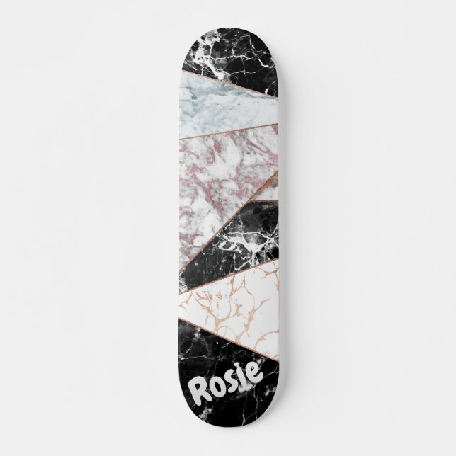 Geometric pink rose gold black white marble skateboard (Front)