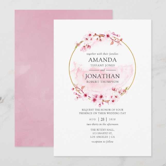Geometric Pink Spring Cherry Blossom Wedding Invitation (Front/Back)