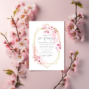 Geometric Pink Spring Cherry Blossom Wedding Invitation