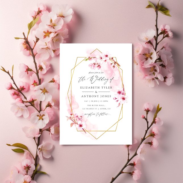 Geometric Pink Spring Cherry Blossom Wedding Invitation (Creator Uploaded)