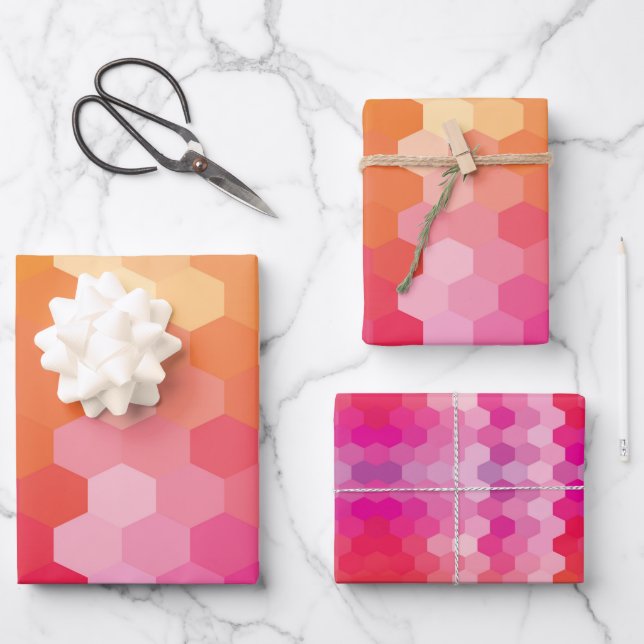 Geometric Pink & Yellow Hexagon Modern Gradient Wrapping Paper Sheet (Front)