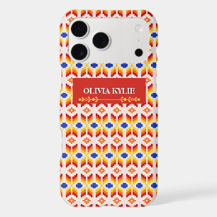 Geometric Pixel Floral Pattern in Red Orange Yello