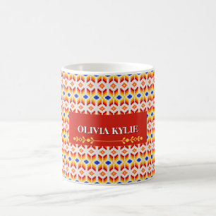 Geometric Pixel Floral Pattern in Red Orange Yello Coffee Mug