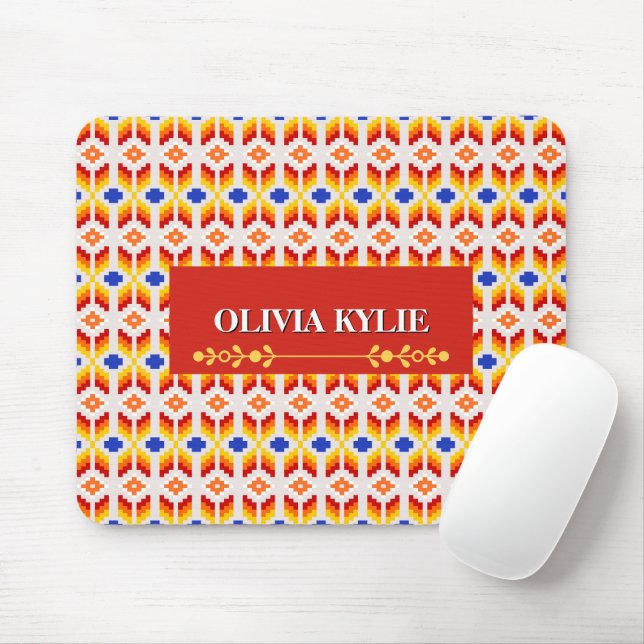 Geometric Pixel Floral Pattern in Red Orange Yello Mouse Pad (With Mouse)