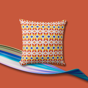 Geometric Pixel Floral Pattern in Red Orange Yello Throw Pillow