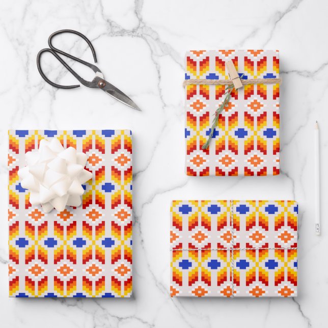 Geometric Pixel Floral Pattern in Red Orange Yello Wrapping Paper Sheet (Front)