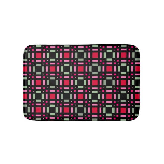 Geometric plaid green red black stripes  bath mat (Front)