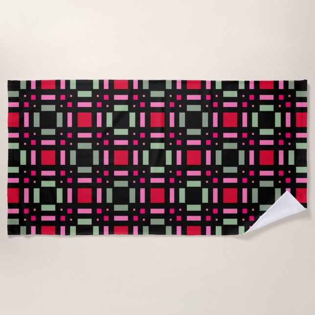 Geometric plaid green red black stripes  beach towel (Front)