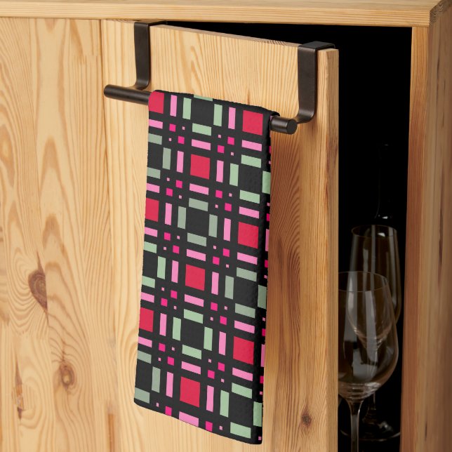 Geometric plaid green red black stripes  kitchen towel (Thirds Fold)