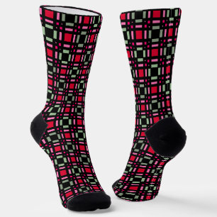 Geometric plaid green red black stripes socks