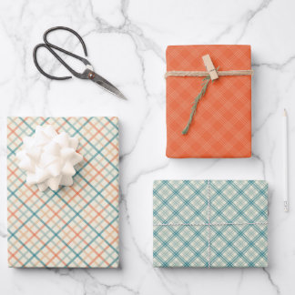 Geometric Plaid Pattern in Peach and Teal Wrapping Paper Sheet