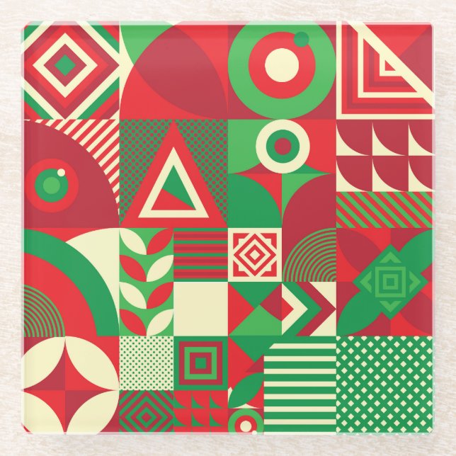 Geometric Pop: Colourful Abstract Tiles. Glass Coaster (Front)