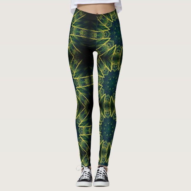 Geometric print green yellow contrast leggings (Front)