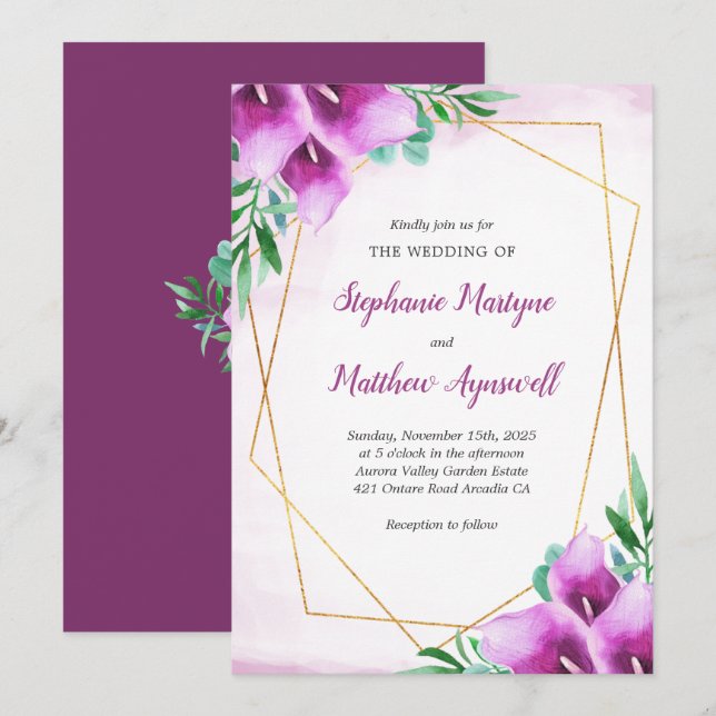 Geometric Purple Calla Lily Watercolor Wedding Invitation (Front/Back)
