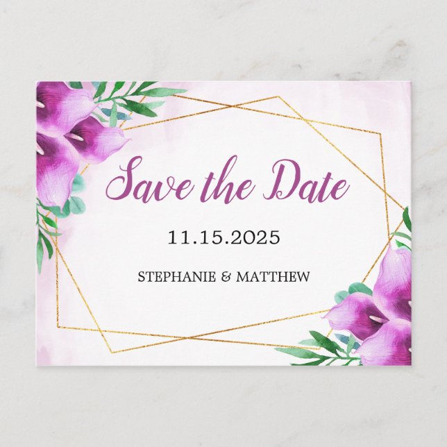 Geometric Purple Calla Lily Wedding Save The Date Announcement Postcard (Front)