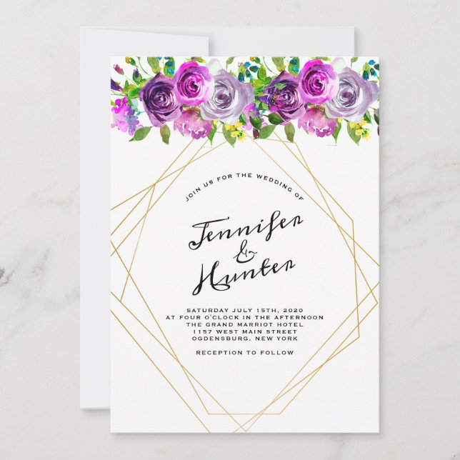 Geometric Purple Floral Wedding Invitation (Front)