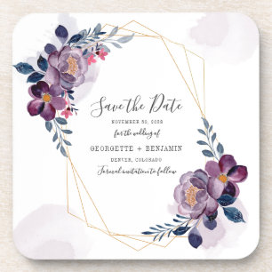 Geometric Purple Floral Wedding Save the Date Coaster