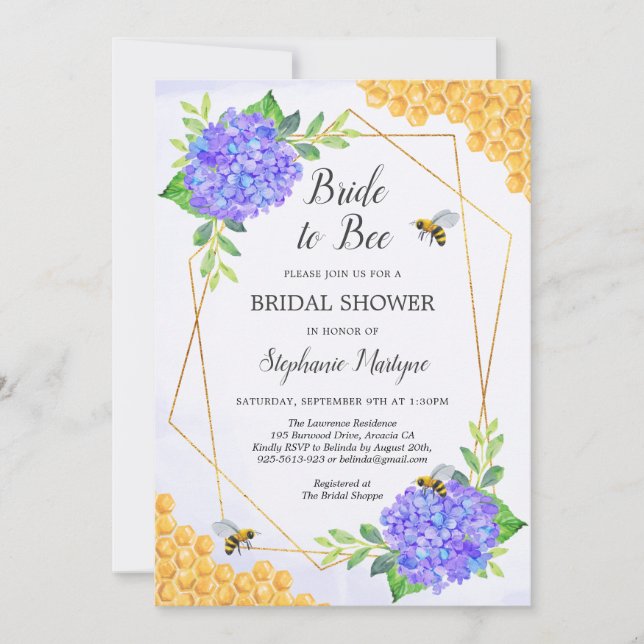 Geometric Purple Hydrangea Honey Bee Bridal Shower Invitation (Front)