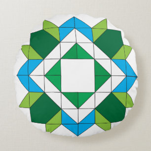 Geometric Quilt Star Mosaic Pattern Blue Green Rou Round Pillow