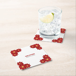 Geometric Red and Gold Floral Square Paper Coaster